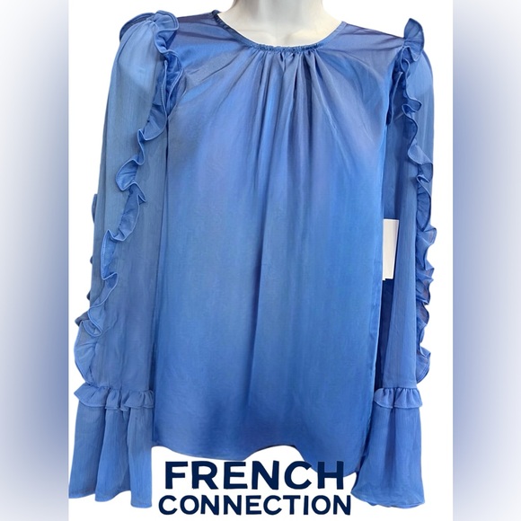 French Connection Blue Ruffled Blouse Size Small NEW! - Picture 1 of 6